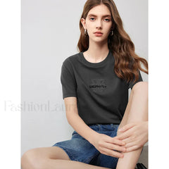 Letter Bead Embroidery Round Neck T Shirt Dark Gray / S
