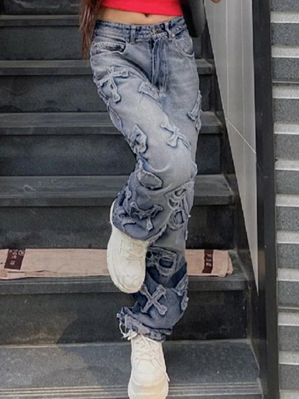 Letter Patch Faded Boyfriend Jeans Boyfriend Jeans