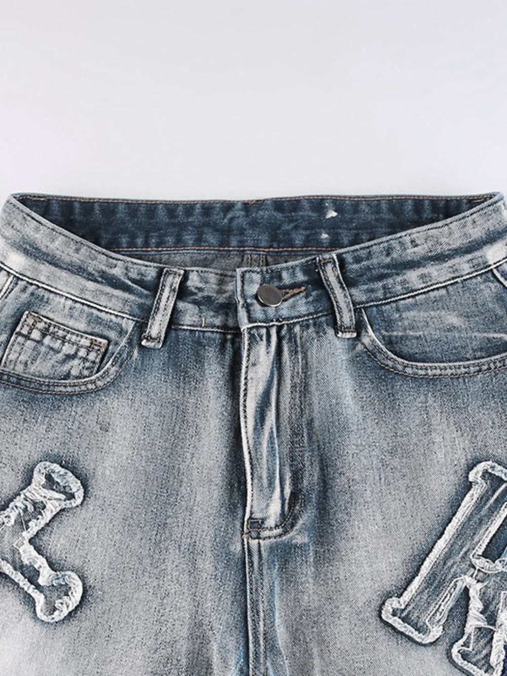 Letter Patch Faded Boyfriend Jeans Boyfriend Jeans