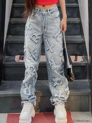 Letter Patch Faded Boyfriend Jeans Blue / S Boyfriend Jeans