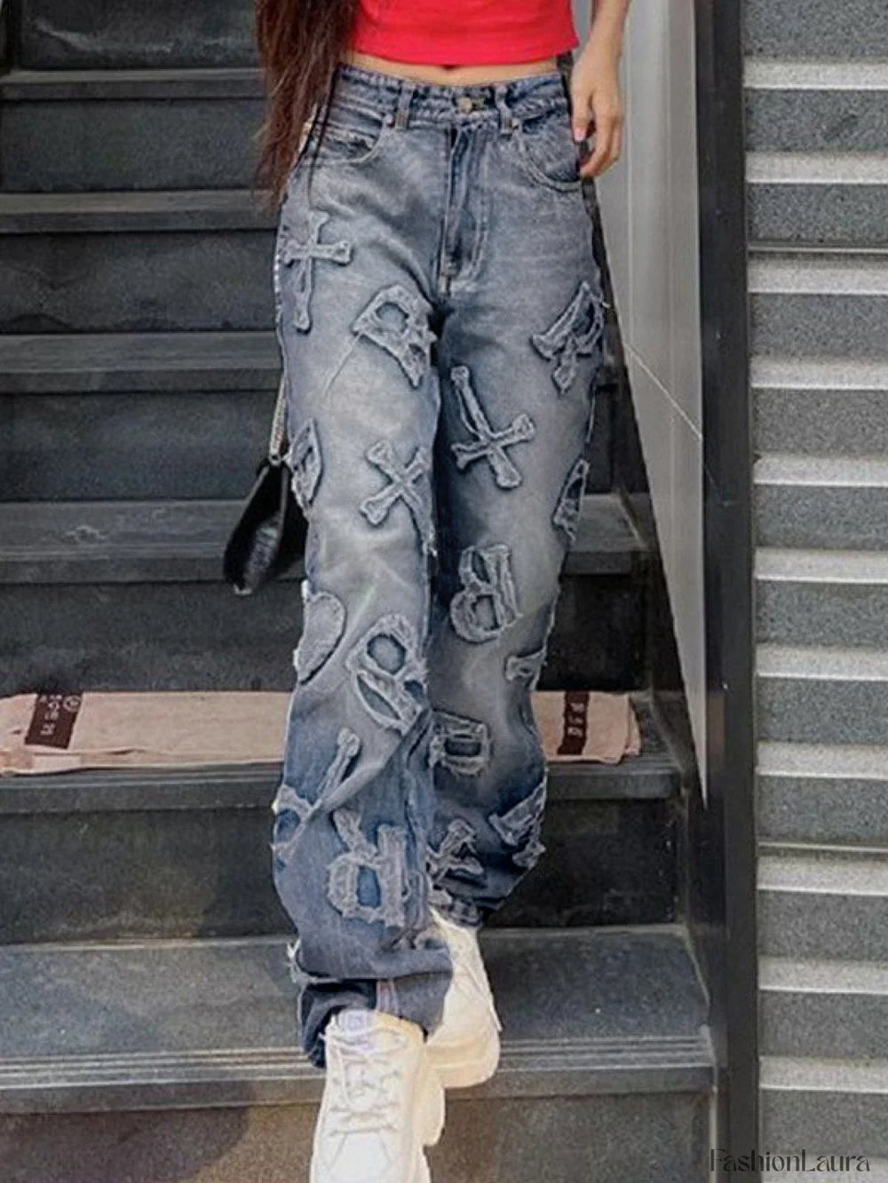 Letter Patch Faded Boyfriend Jeans Boyfriend Jeans