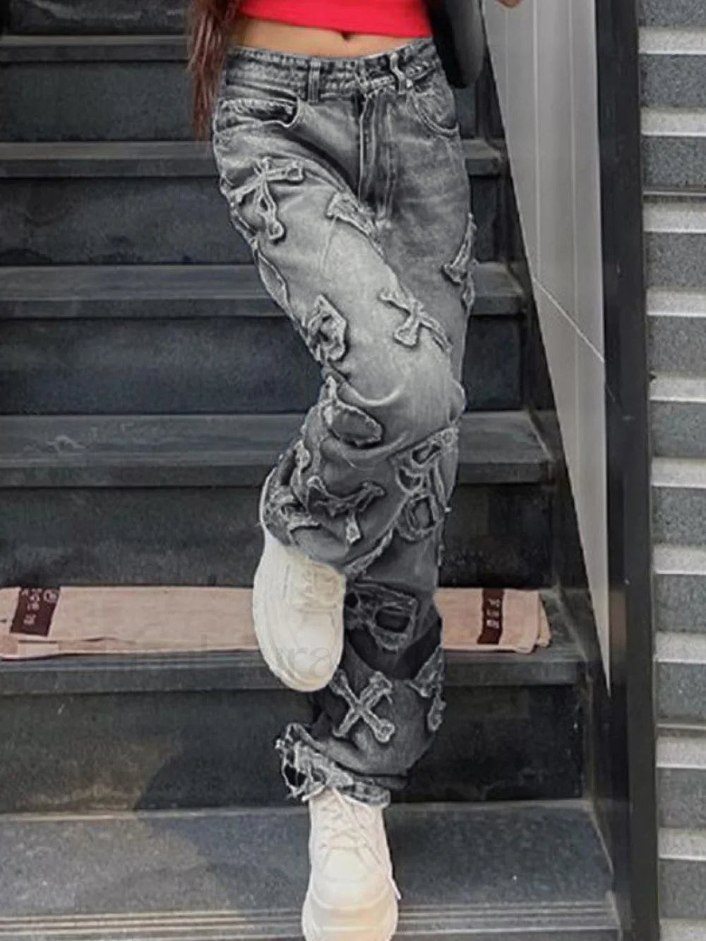 Letter Patch Faded Boyfriend Jeans Boyfriend Jeans