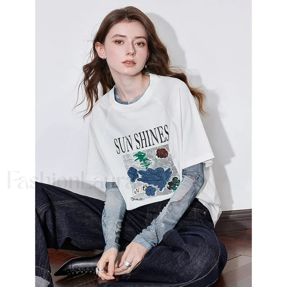 Letter Pattern Lyocell Slim Fit T Shirt White / S