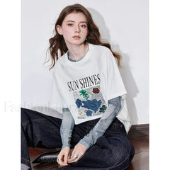 Letter Pattern Lyocell Slim Fit T Shirt White / S