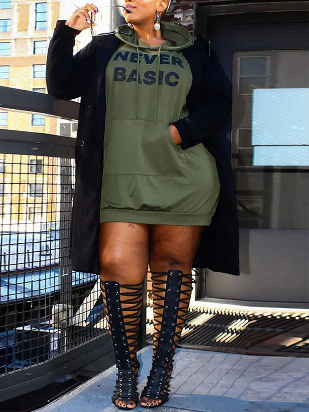 Letter Print Hoodie Dress Army Green / XL Sweatshirts & Hoodies L