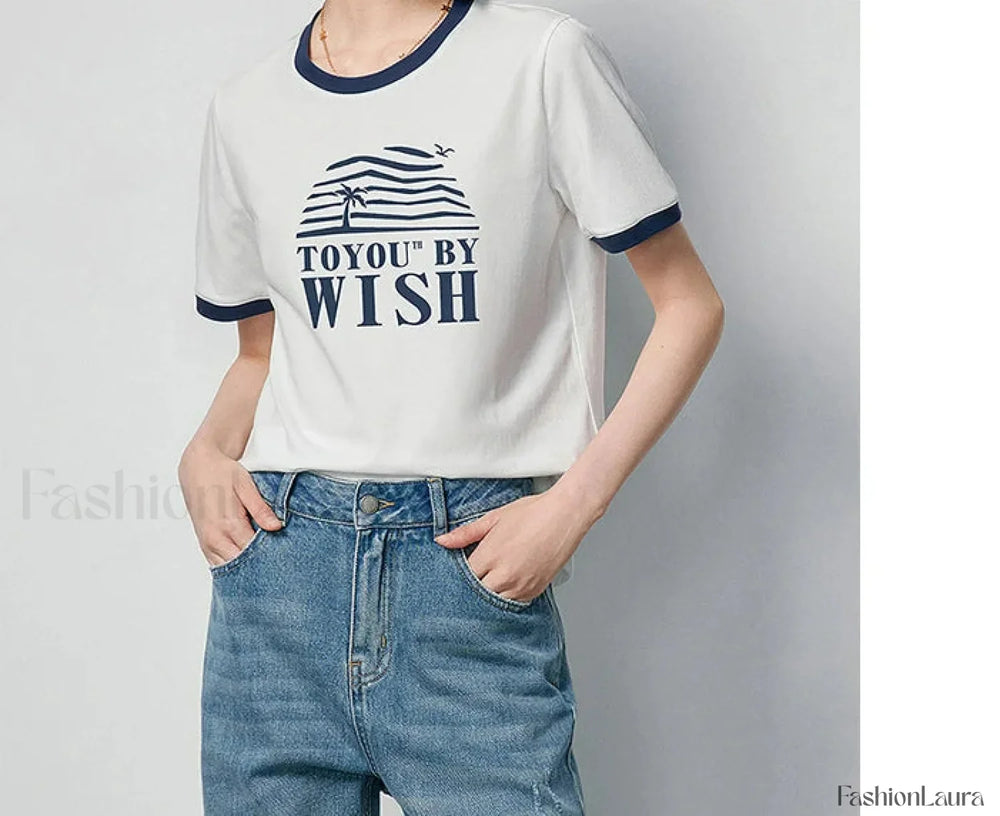 Letter Printed Contrast Color T Shirt Beige / S