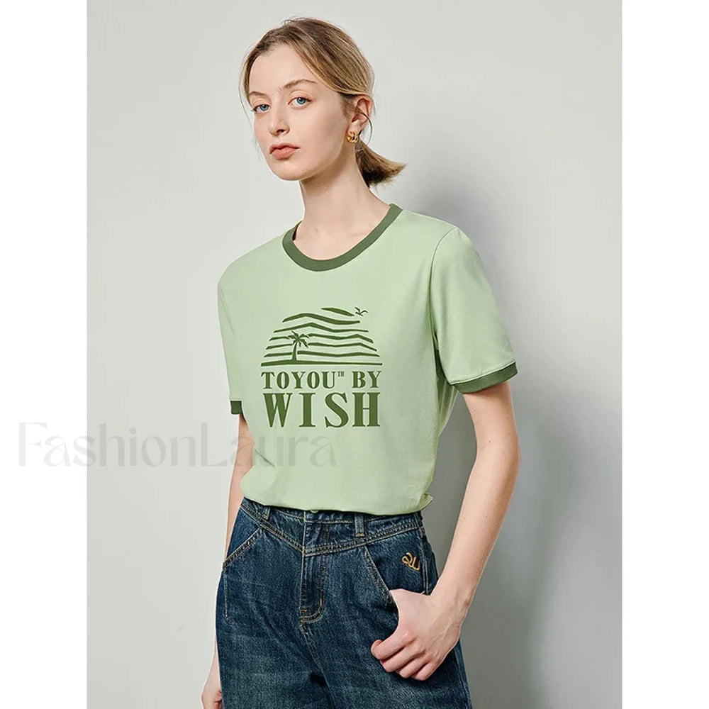 Letter Printed Contrast Color T Shirt Green / S