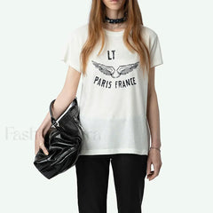 Letter Wings Printed T Shirt Cream / S
