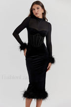 Lianna Black Stylish Velvet Midi Dress