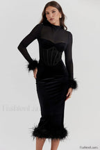 Lianna Black Stylish Velvet Midi Dress