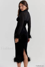 Lianna Black Stylish Velvet Midi Dress