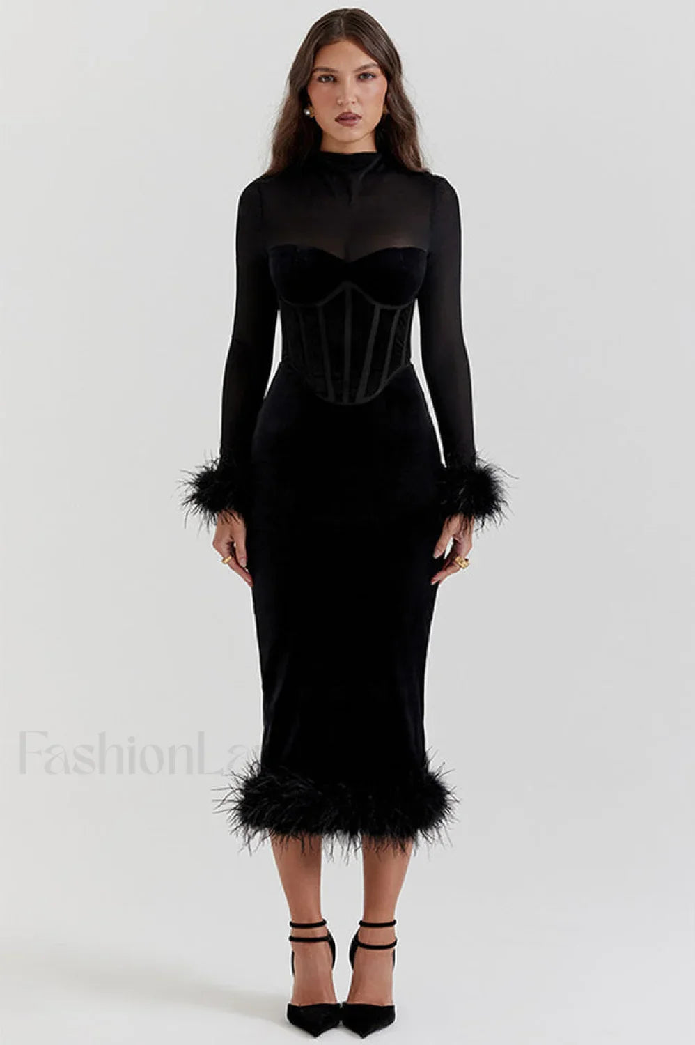 Lianna Black Stylish Velvet Midi Dress S / Black