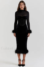 Lianna Black Stylish Velvet Midi Dress S / Black