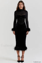 Lianna Black Stylish Velvet Midi Dress S / Black