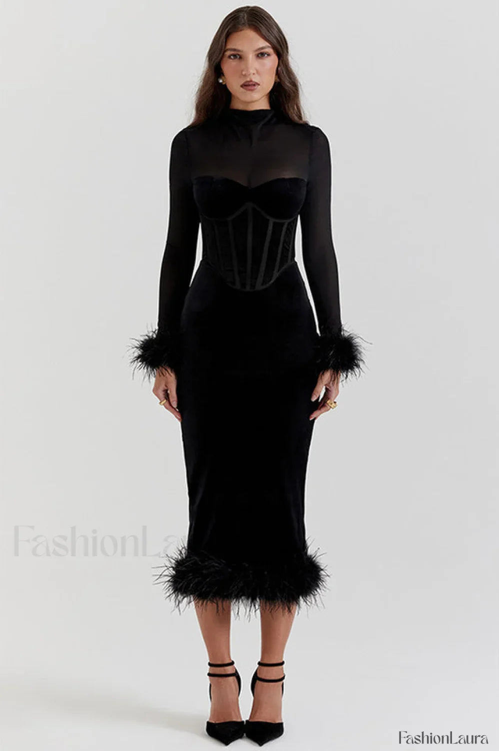 Lianna Black Stylish Velvet Midi Dress S / Black