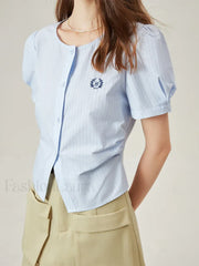 Light Blue Striped Casual Cotton T Shirt