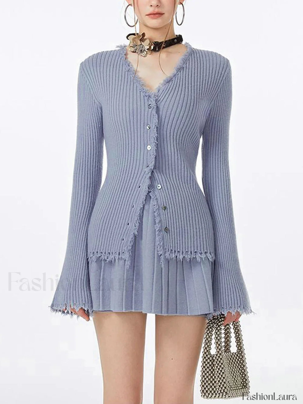 Lilac Raw Hem Trendy Long Sleeve Knit Top Sweaters L