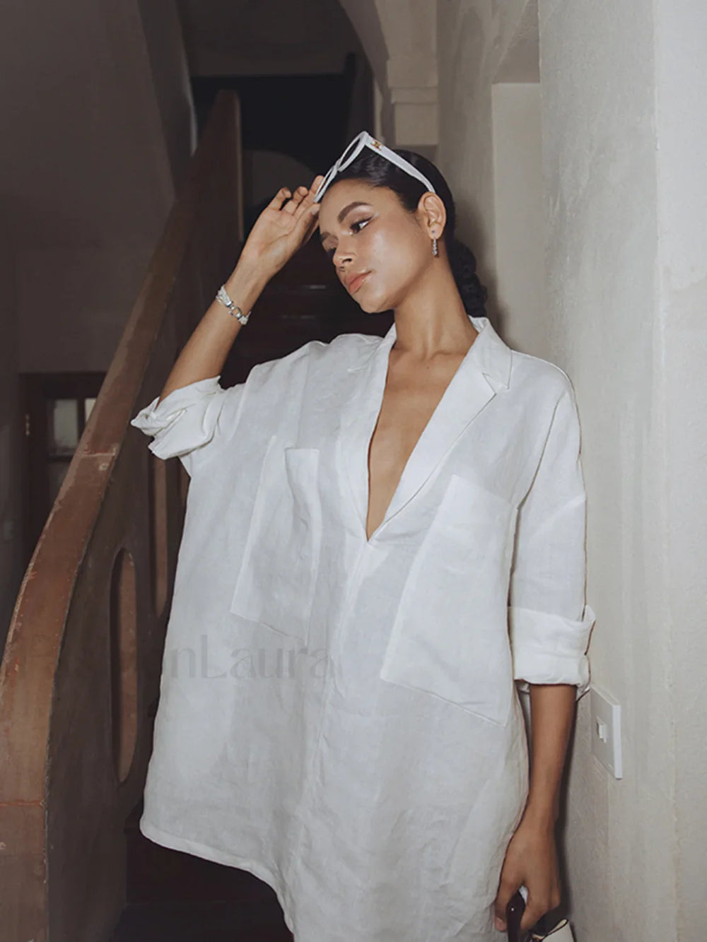 Linen Pockets Semi Sheer Long Sleeve Dress Dresses