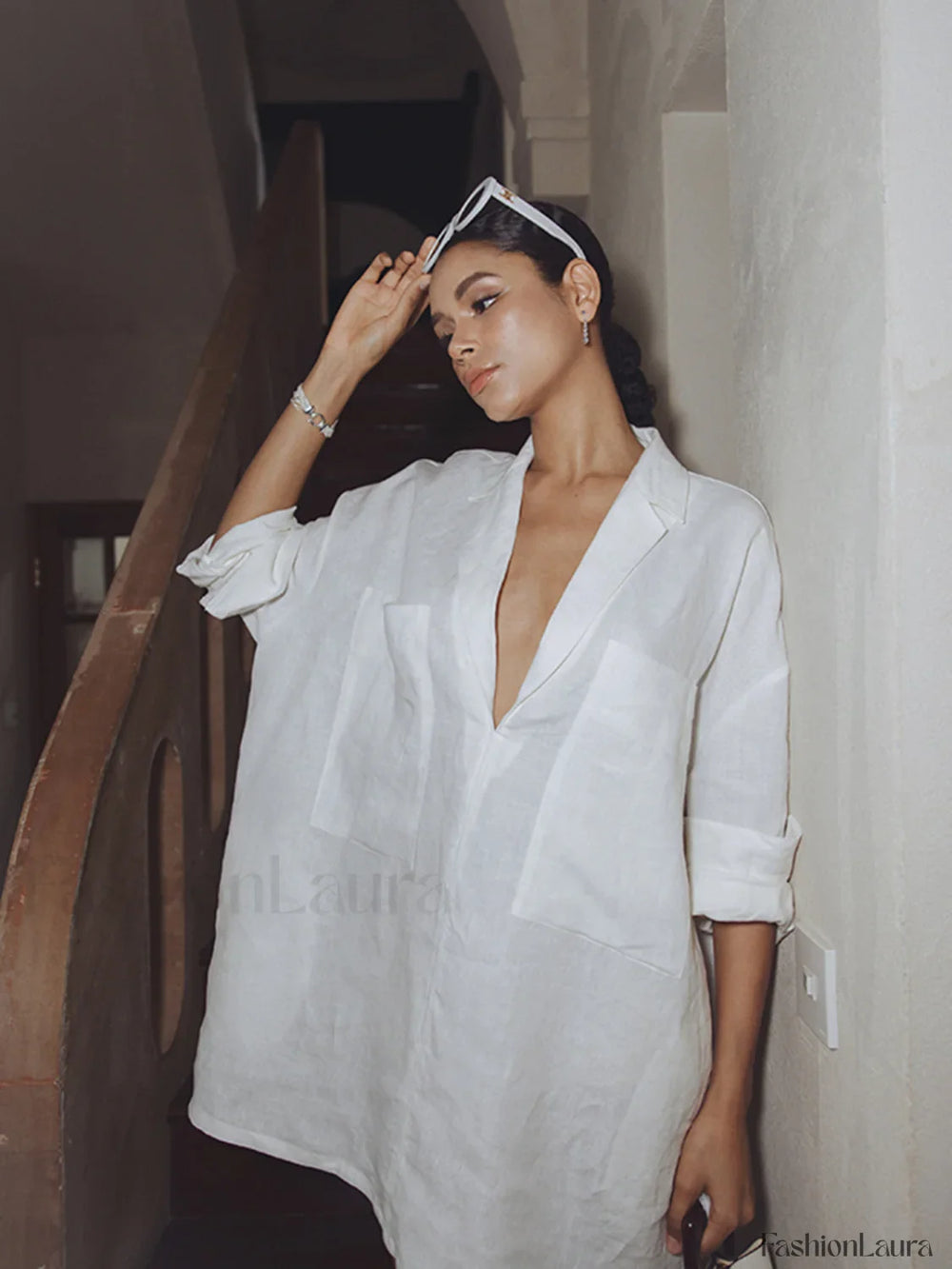 Linen Pockets Semi Sheer Long Sleeve Dress Dresses