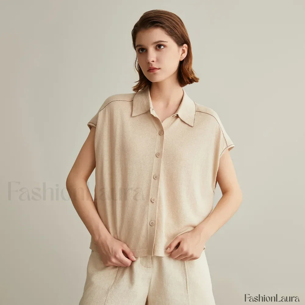 Linen Silk Polo Knitted Cardigan T Shirt