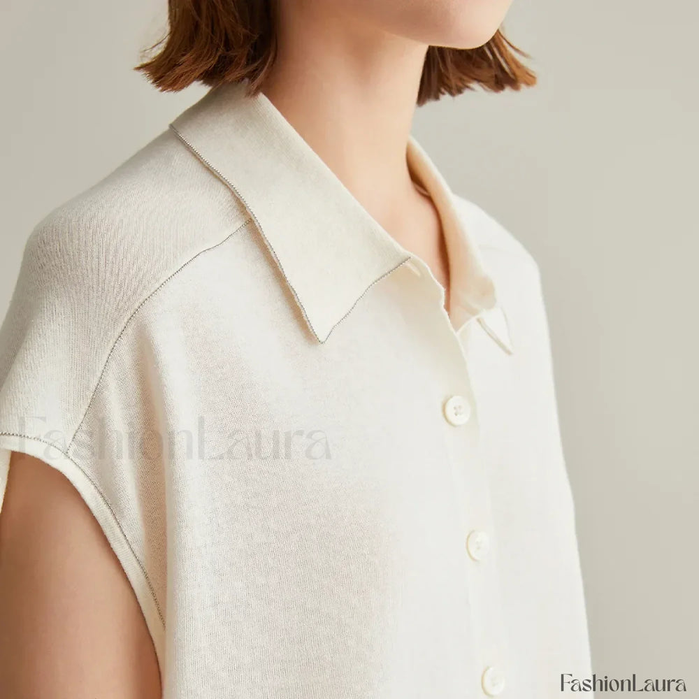 Linen Silk Polo Knitted Cardigan T Shirt