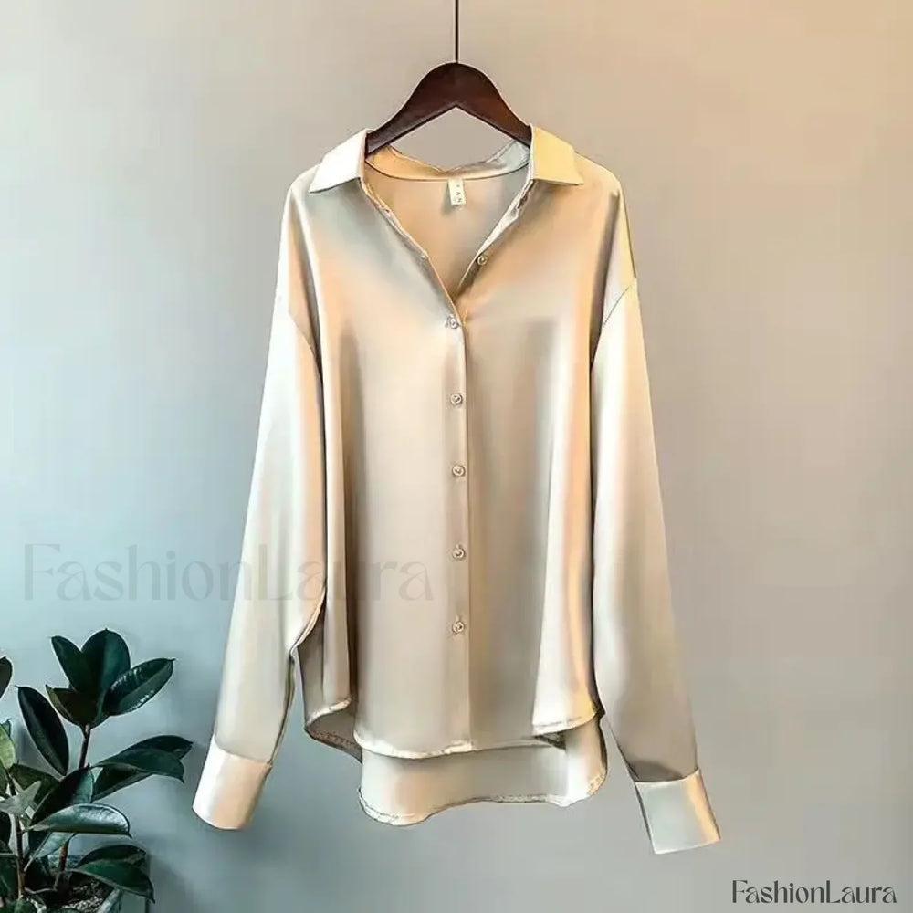 Long French Soft Elegant Simple Hollow Out Blouse BEIGE / S