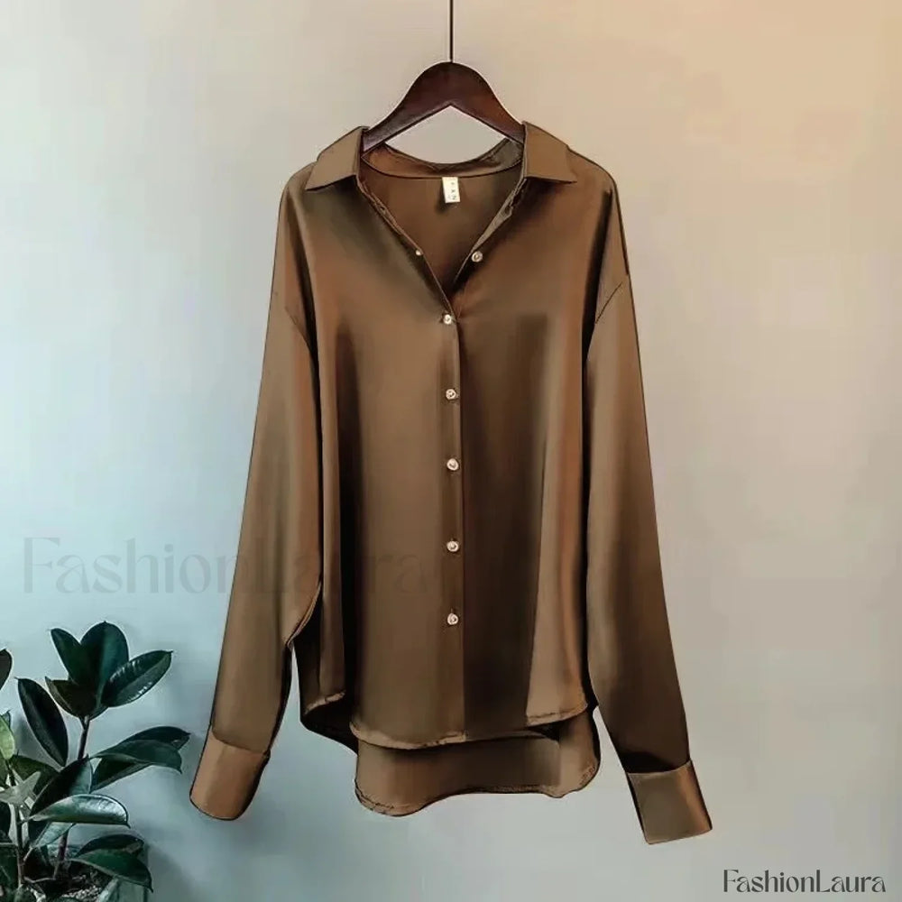 Long French Soft Elegant Simple Hollow Out Blouse COFFEE / S