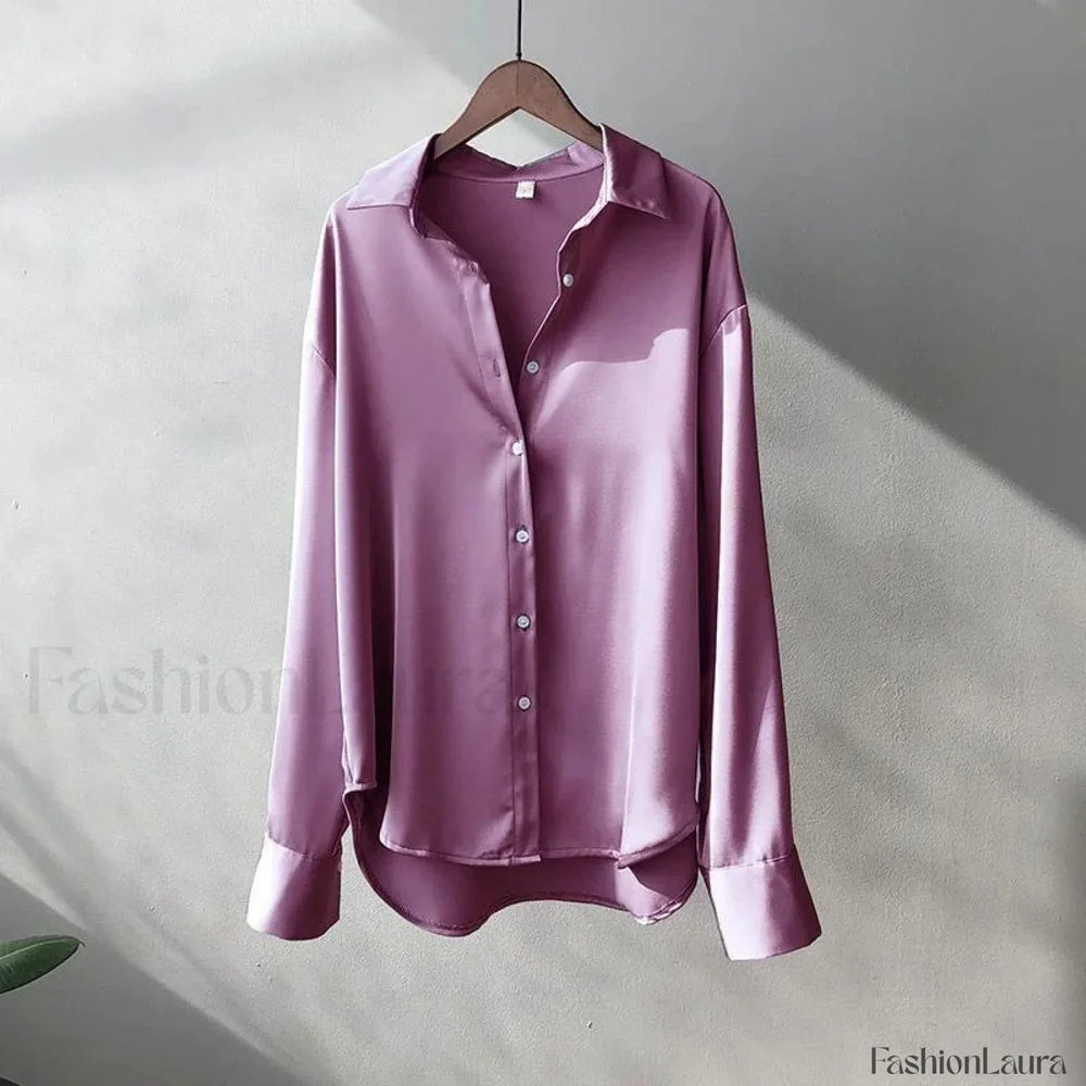Long French Soft Elegant Simple Hollow Out Blouse PURPLE / S
