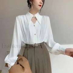 Long French Soft Elegant Simple Hollow Out Blouse White / S