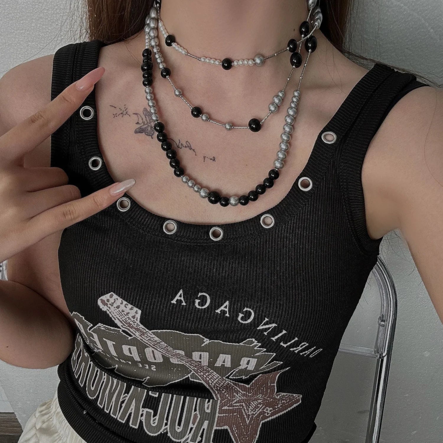 Long Pearl Layered Necklace BLACK