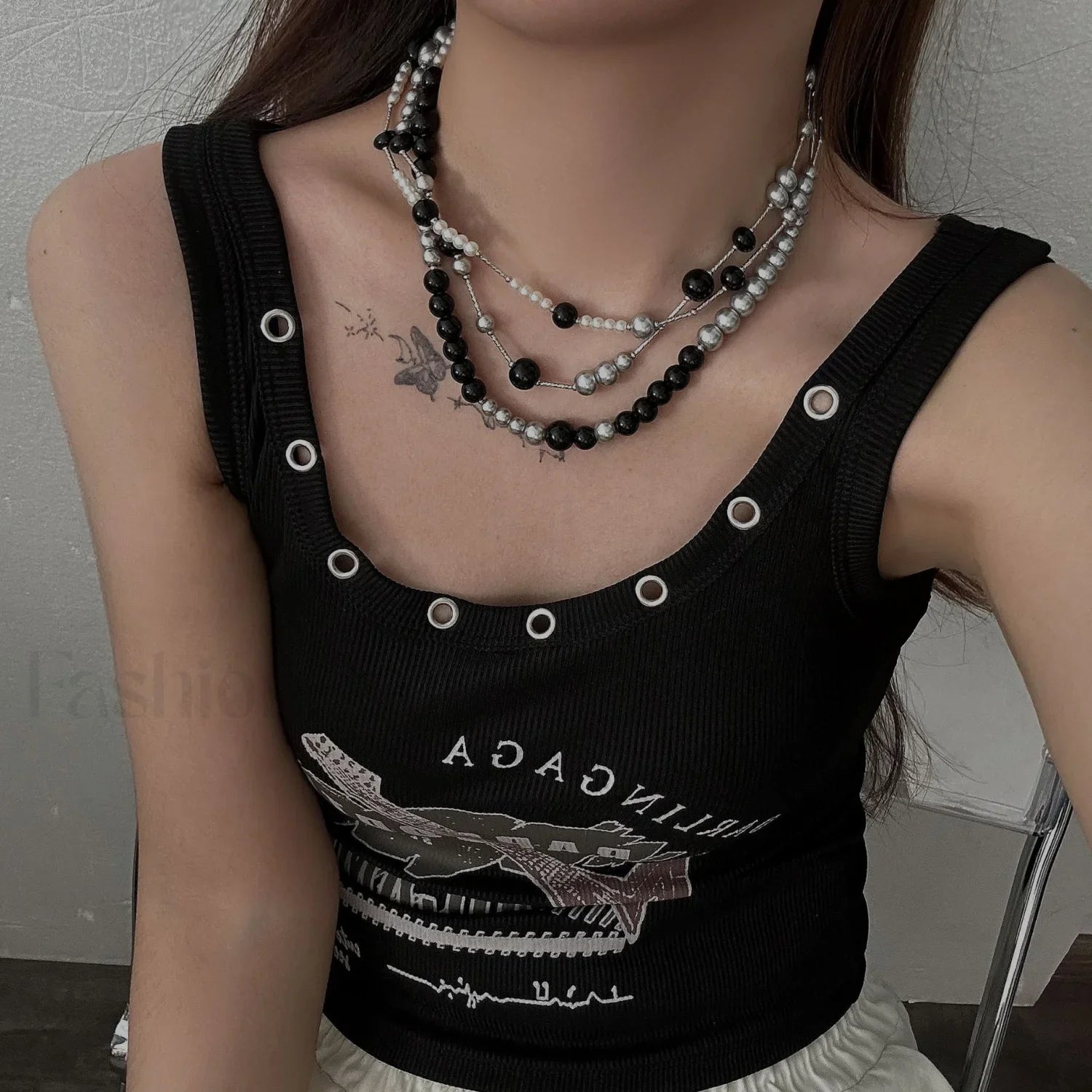 Long Pearl Layered Necklace BLACK
