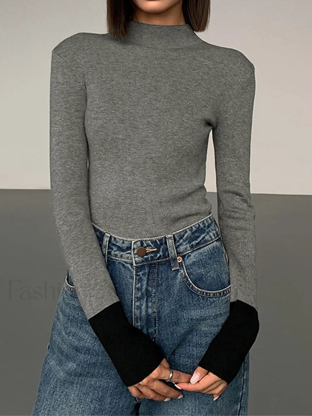 Long Sleeve Contrast Cuff Knit Top Grey / XS Knit Tops