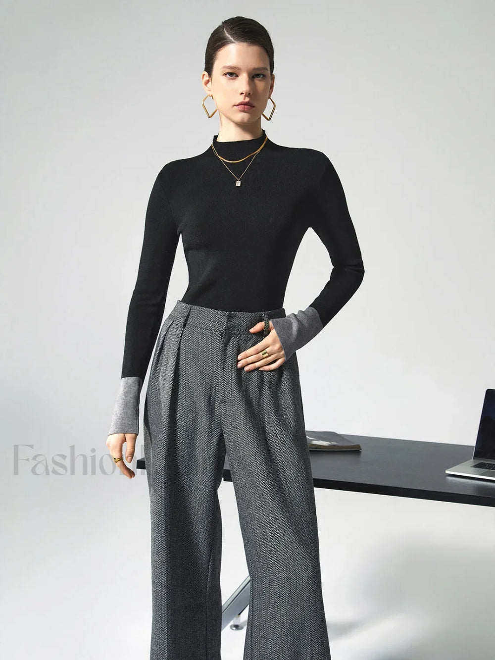 Long Sleeve Contrast Cuff Knit Top Knit Tops