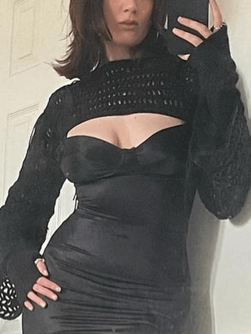 Long Sleeve Crochet Bolero Knit Top Black / ONE SIZE Tops&Tees