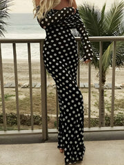 Long Sleeve Off Shoulder Polka Dot Print Long Dress Dresses