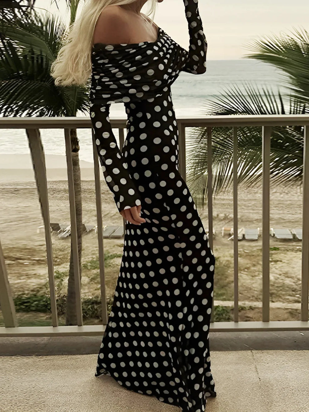 Long Sleeve Off Shoulder Polka Dot Print Long Dress Dresses
