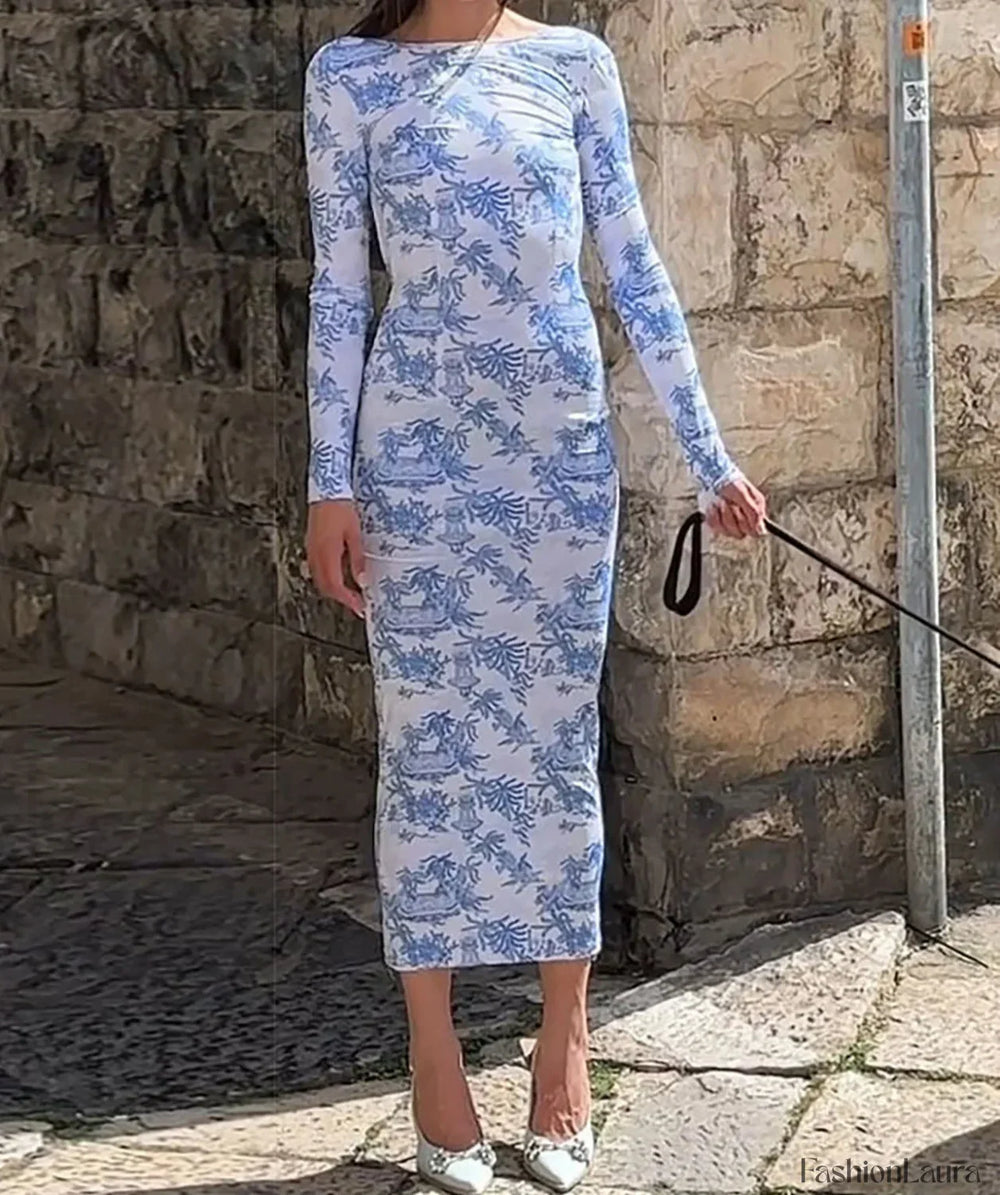 Long Sleeve Printed Midi Dress Blue / S