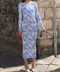 Long Sleeve Printed Midi Dress Blue / S