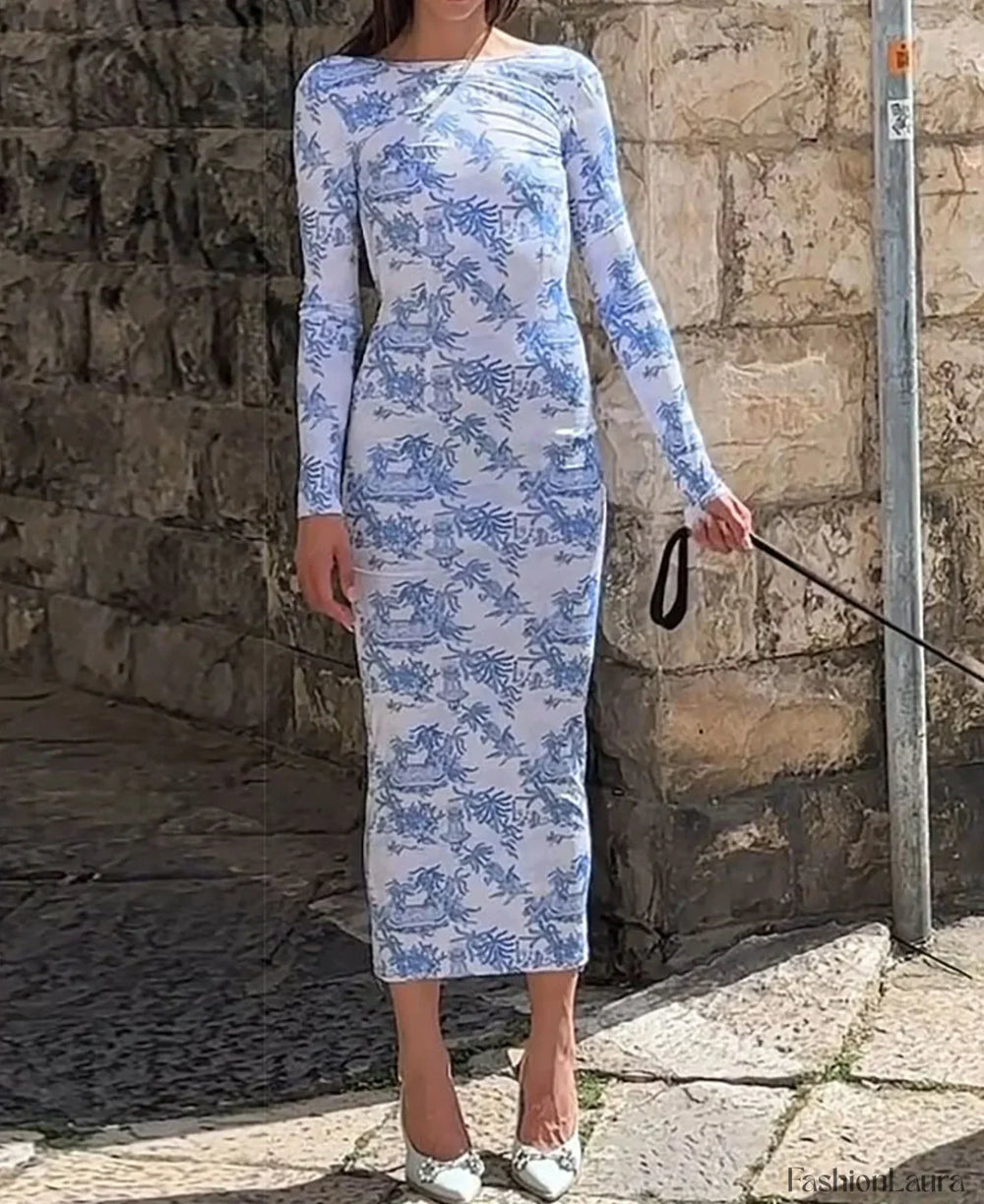 Long Sleeve Ribbed Floral Dress Blue / S