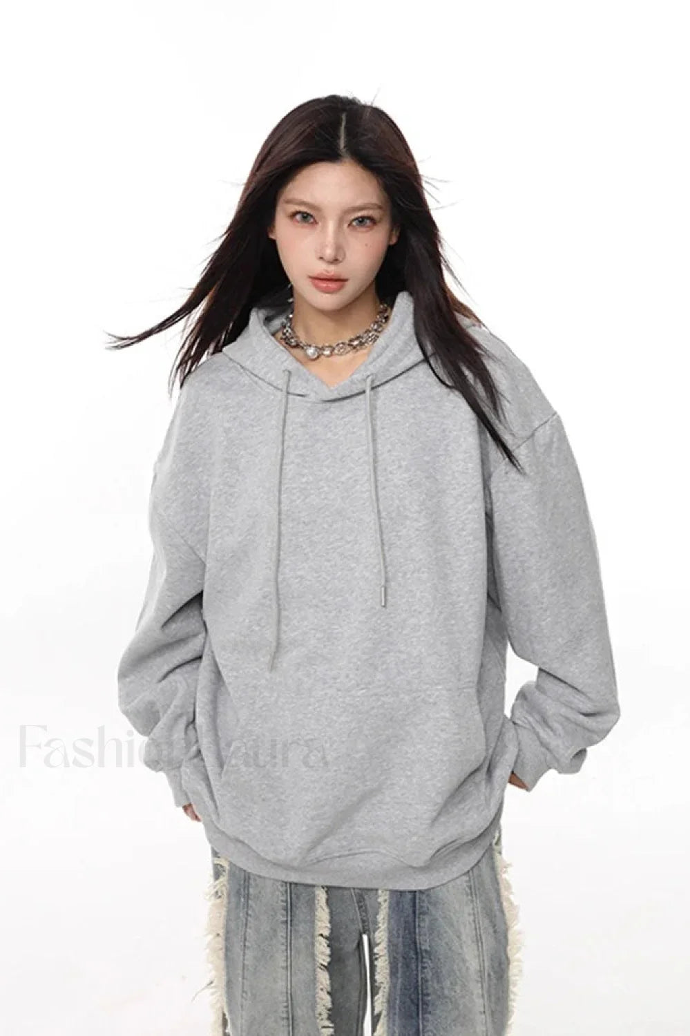 Loose Fit Long Sleeve Pullover Hoodie Grey / S