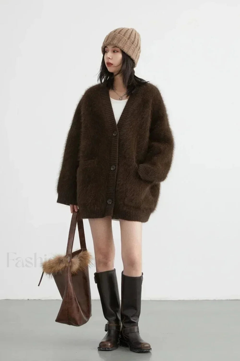 Loose Fit Rabbit Hair Knit Cardigan