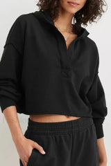 Loose Fit V Neck Hooded Hoodie Black / S