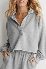Loose Fit V Neck Hooded Hoodie Light Grey / S