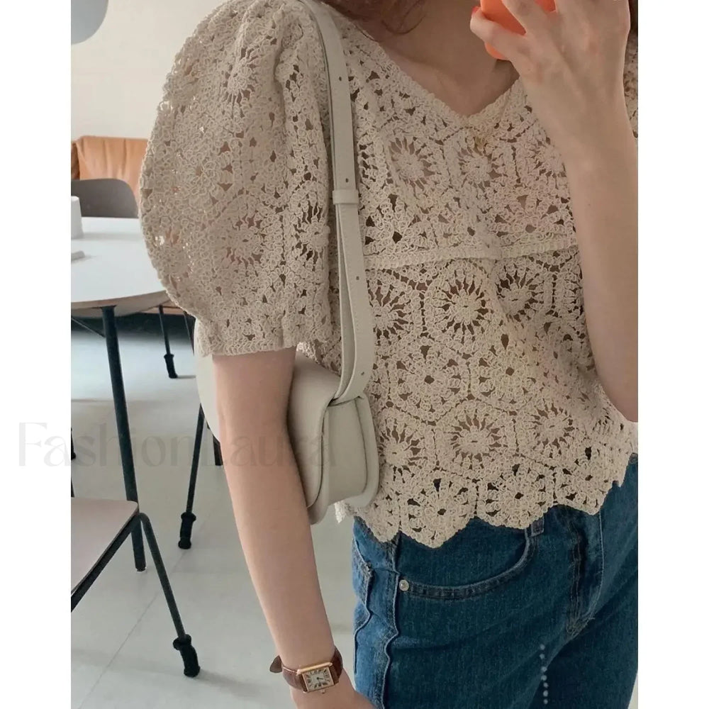 Loose Hollow out Crocheted Puff Short Sweater Blouse
