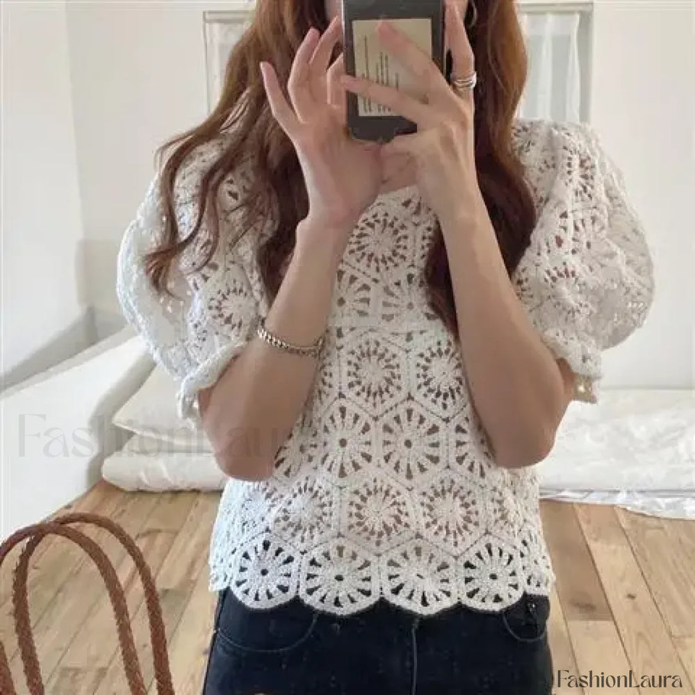 Loose Hollow out Crocheted Puff Short Sweater Blouse WHITE / One Size