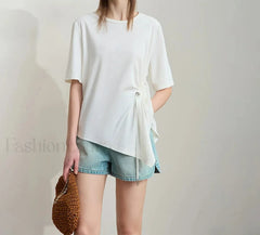 Loose Round Neck Summer T Shirt Beige / S