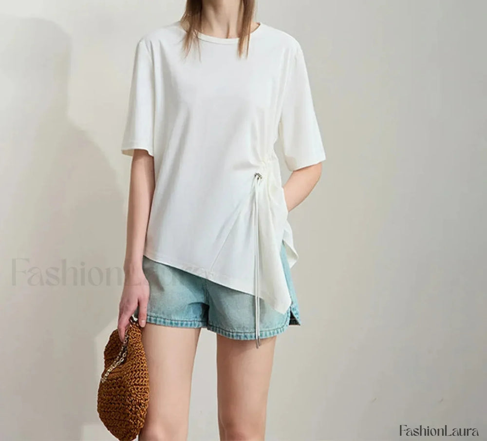 Loose Round Neck Summer T Shirt Beige / S