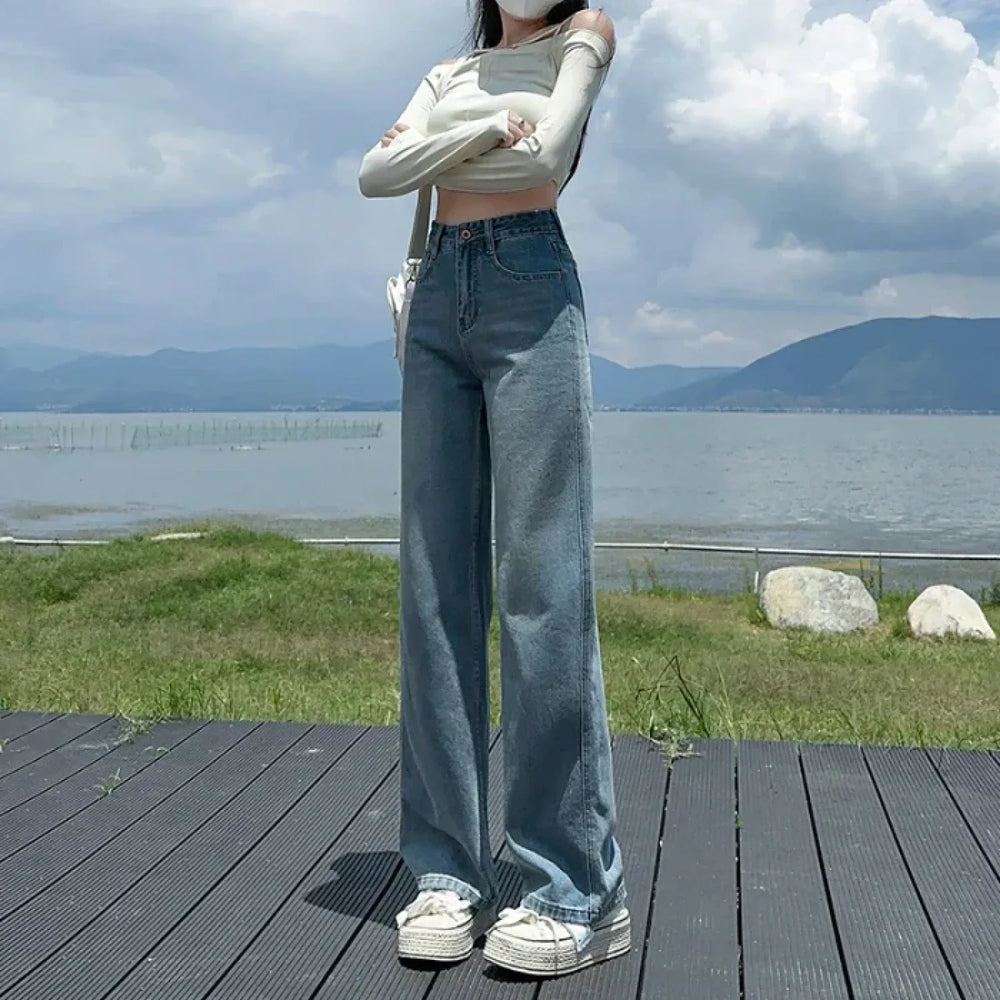 Loose Straight High Stretch Fashion Denim Jeans Blue / xs