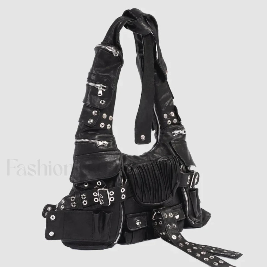 Luxury Moto Rivet Multiple Designer Knot Strap Pockets Shoulder Wide Bag