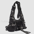 Luxury Moto Rivet Multiple Designer Knot Strap Pockets Shoulder Wide Bag